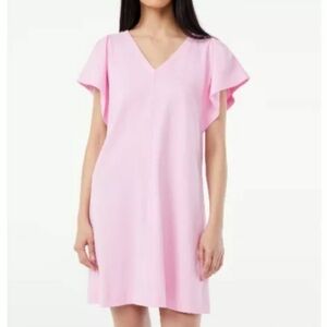 Women's Free Assembly Flounce Sleeve Short Dress Pink V Neck Size Large